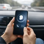 Utilizator într-o mașină care folosește un telefon Galaxy, ilustrând o funcție menită să reducă răul de mișcare.
