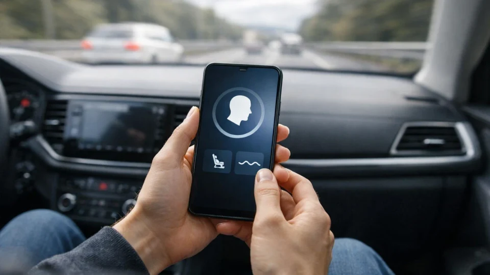 Utilizator într-o mașină care folosește un telefon Galaxy, ilustrând o funcție menită să reducă răul de mișcare.